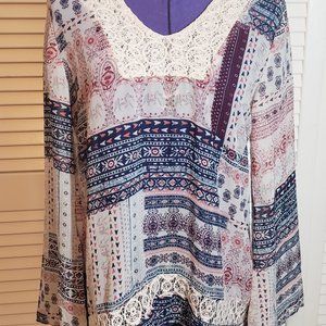 About A Girl Navy Blue Boho Sheer Floral Top With